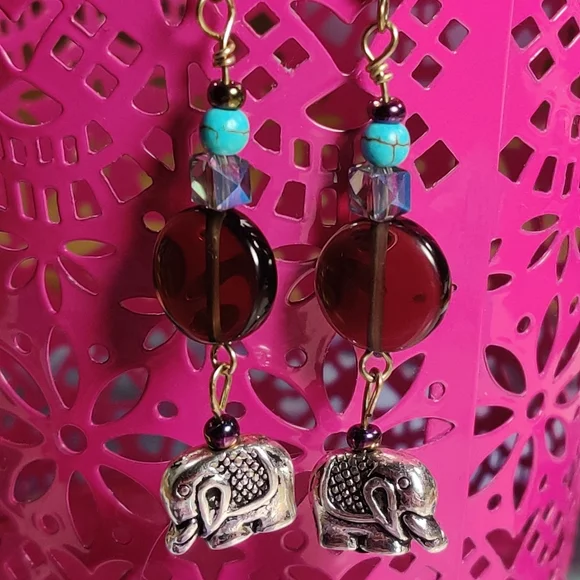 Smokey Quartz, Elephant Charm, Dyed Howlite Earrings - Picture 13 of 16